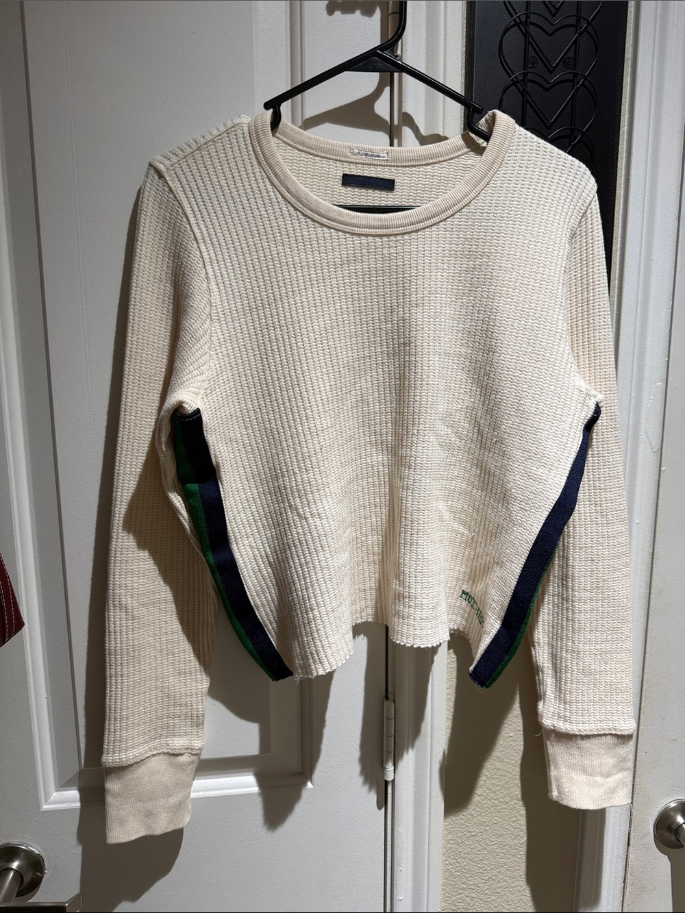 Mother Cream Thermal Crewneck Sweater with Navy & Green Trim
